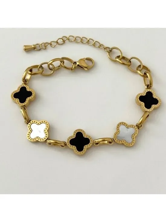 Black and Pearl White Clover Chain Bracelet, 18k Gold Plated Stainless Steel