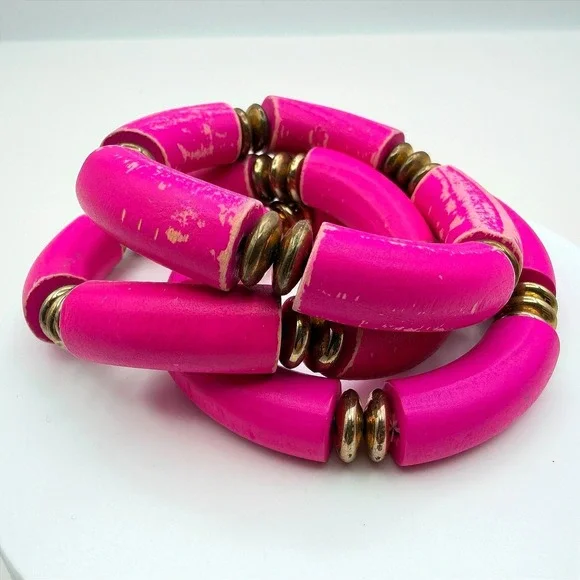 Vintage 90s Hot Pink Tube Beaded‎ Stretch Bracelet Set 3pc Gold Tone Jewelry