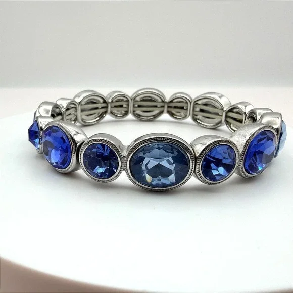 Vintage Y2K Blue Oval Glass Stretch Bangle Bracelet Silver‎ Tone Glam Jewelry