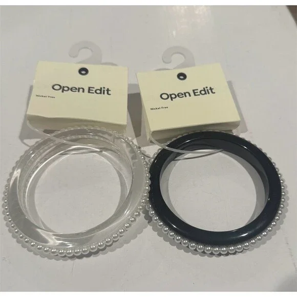 Open Edit $40 Nordstrom Bangle Bracelet Set of 2 Clear Black Pearl Trim gift