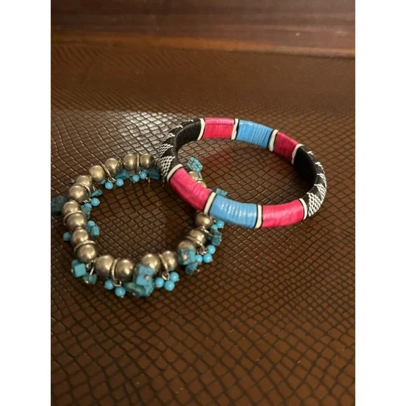 2 Bracelet Set Blue Pink Black Silver Women's Jewelry Beaded & Bangle Boho‎