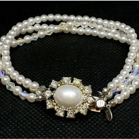 VINTAGE RMN ROMAN Triple Twisted Pearl &  Rhinestone Formal Bridal Bracelet