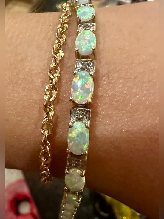 10K Solid Gold Diamond Tennis Bracelet w Natural Opal Solid 10K gold bracelet