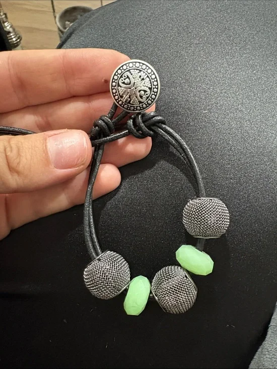 Handcrafted Black Leather Cord Bracelet with Neon Green and Silver Beads