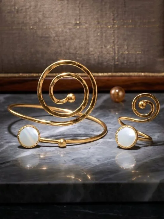 Turkish Artisanal 18K Gold Plated Spiral Set MOP Ring and Bracelet Boho