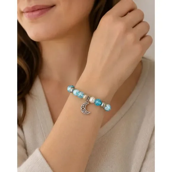 # OOAK Handmade Crescent Moon Bracelet Aqua Crackle Glass Faux Pearl Celestial