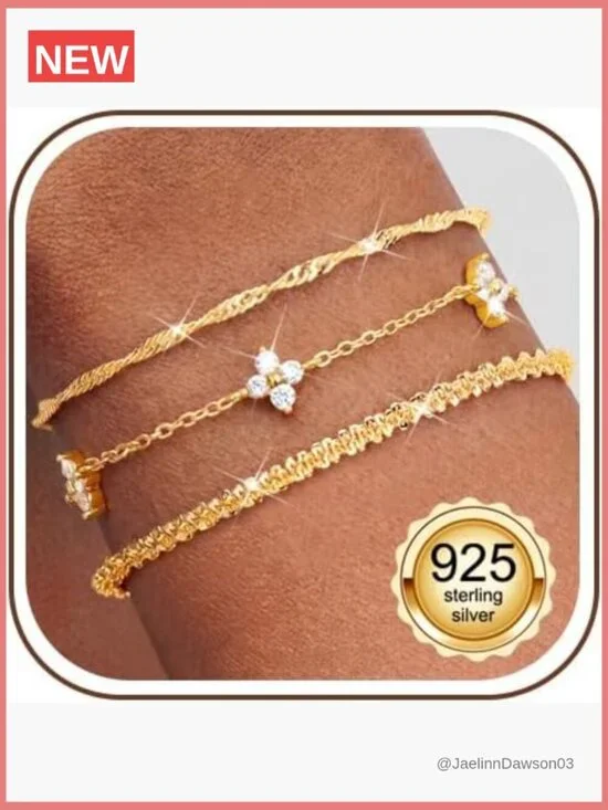3pc Sterling Silver Stackable Bracelet Set Adjustable Link Chain Cubic Zirconia