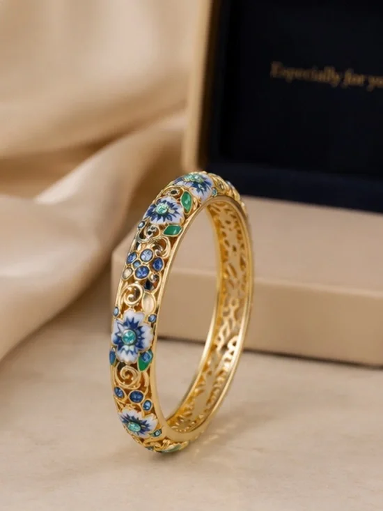 Cloisonne Floral Enamel Gold Bangle