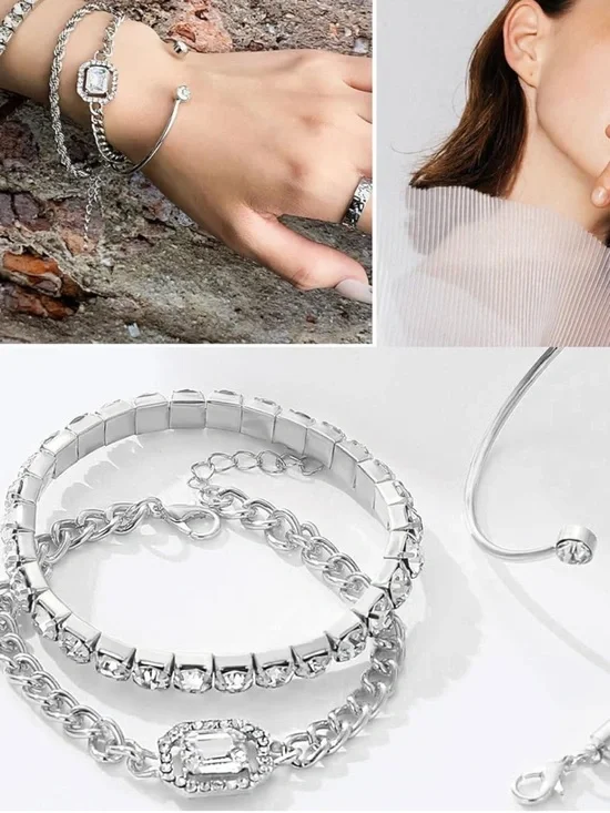 Anthropologie Silver Crystal Chain Bracelet Set