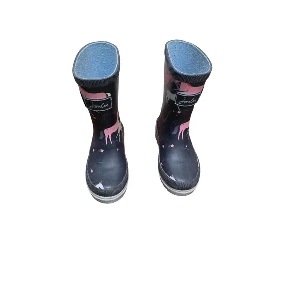 Joules Kids Navy Rain Boots With Pink Unicorn Print & Buckle‎ Detail Size 9