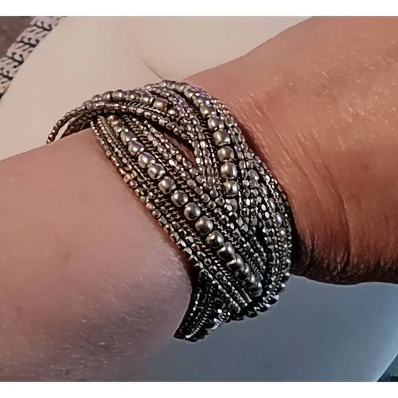 Trendy Wide Silver Multi Bead Triple Twist Memory Cuff Bracelet