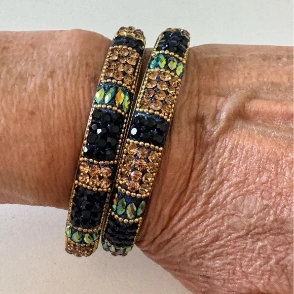 Anthropologie Gold sapphire Blue Crystal Rhinestone Beaded Boho Bangle Bracelets