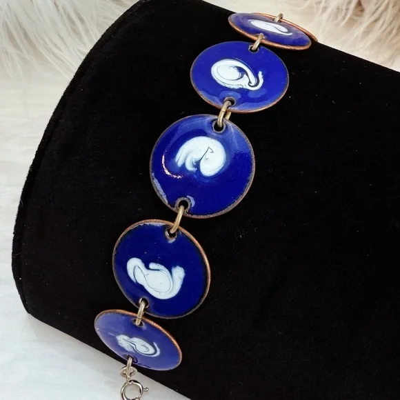 Vintage Cobalt Blue Abstract Disc Bracelet White Motif Articulated Statement