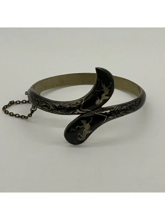 Vintage Siam Niello Bangle Bracelet Thai Black Enamel Hinged Chain Closure