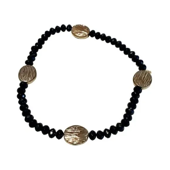 Vintage Anthropologie Faceted Beads With Brushed Beads Bracelet Black & Gold-ton