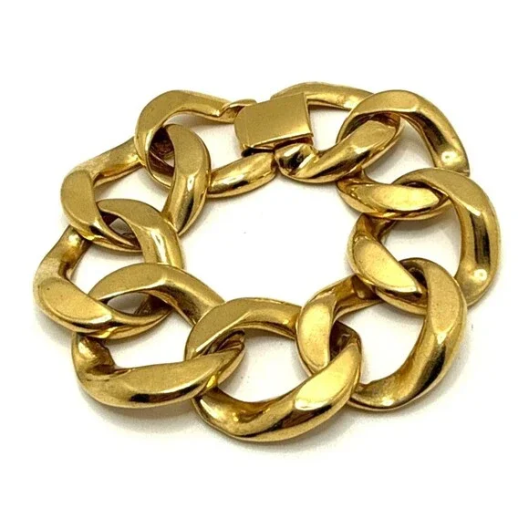 Vintage Chunky Curb Cuban Chain Link Bracelet Gold Tone 1980s Statement 8