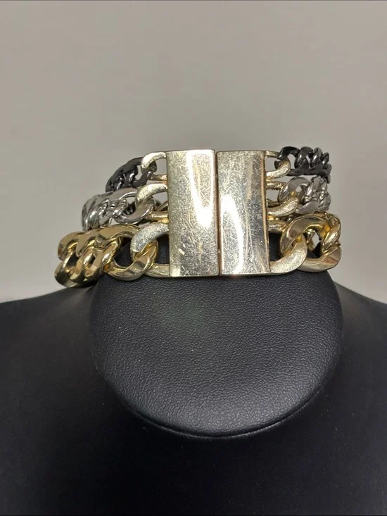 Tri-Tone Chain Link Stretch Bracelet Clasp Statement