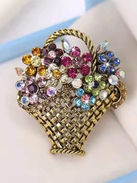 Vintage Gold Floral Basket Brooch Multicolor Crystal Luxury Statement Pin