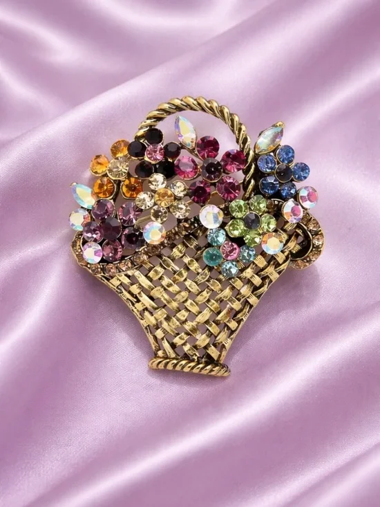 Vintage Gold Floral Basket Brooch Multicolor Crystal Luxury Statement Pin