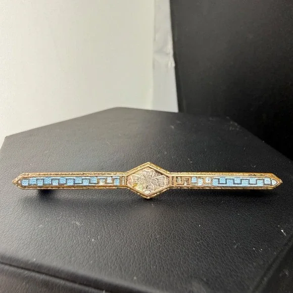Vintage Bar Brooch Gold Tone Blue Enamel Art Deco Revival‎