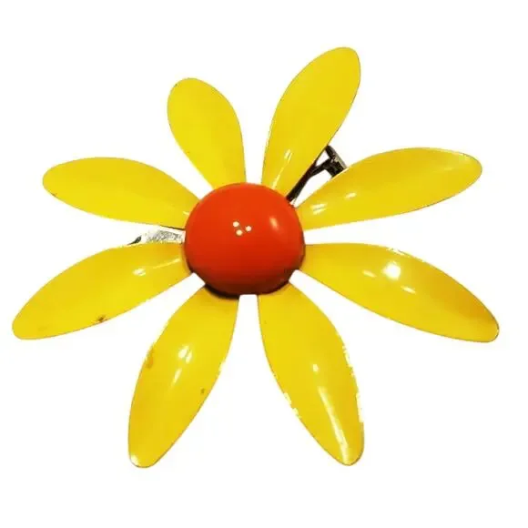 Vintage 1960s Yellow Enamel Daisy Flower Brooch Orange Center Mod Pin Jewelry