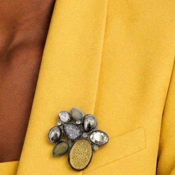 Mixed Media Statement Brooch Yellow Silver Gunmetal Cluster Pin Accessory J-01‎