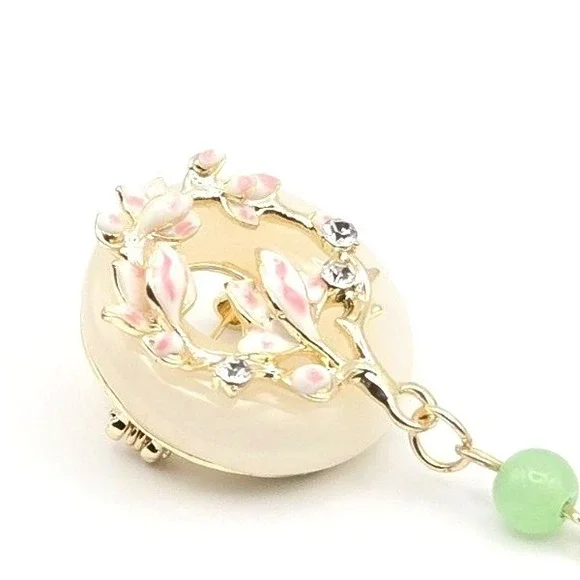 Elegant‎ Enamel Flower Brooch Pin Gold Tone Cream Oval Green Beads Tassel