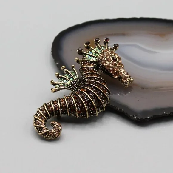 Jewelry pin brooch seahorse water animal crystals gold tone brown green new