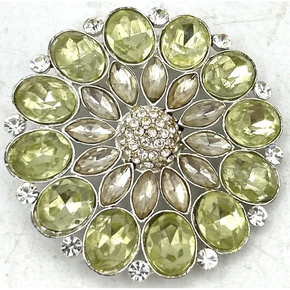Vintage Green & clear rhinestone flower brooch pin‎