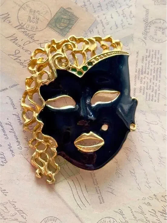 Vintage Black Enamel Mask Brooch Gold Tone Venetian Style Statement Pin