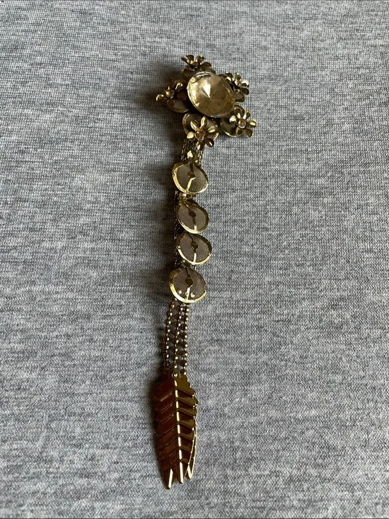 Gold Floral Drop Brooch with Crystal Accent - Women Jewelry Brooches