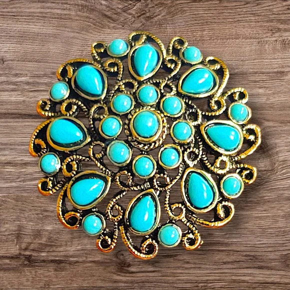 Turquoise Color Beaded Floral Brooch