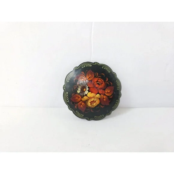 Vintage Russian Lacquer pin brooch floral red black 2