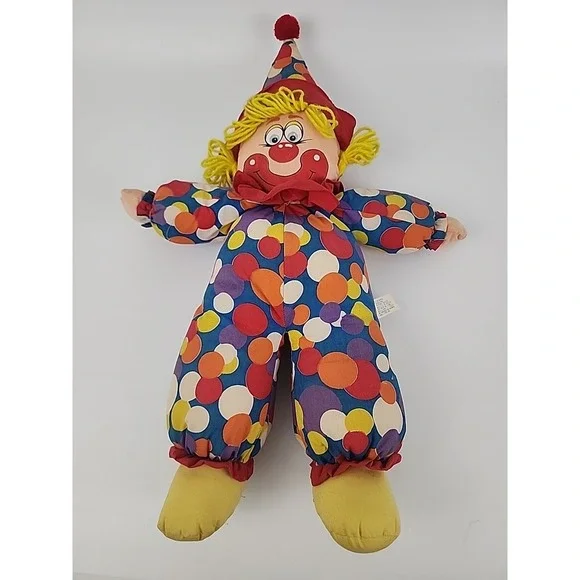 VtgTb Trading Clown 22 Inch Plush Doll Rattle Yarn Hair Eyelet Lace Multicolored