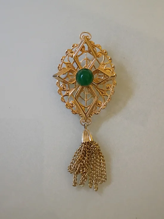 Sarah Cov Gold-Tone Filigree Brooch with Green Gem and Tassel