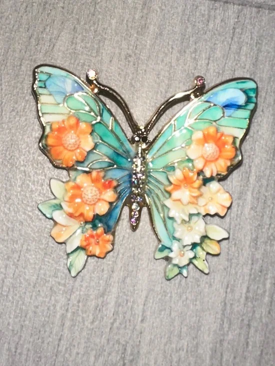 New Luxury Anthropologie Turquoise & Coral Floral Butterfly Brooch