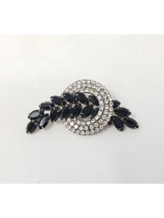 Vintage Clear Black Rhinestone Wreath Leaf Spray Brooch Pin