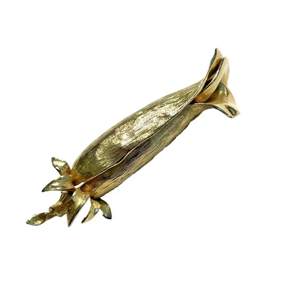 Vintage Brooch Bright Textured Goldtone Slender Rosebud Shapely Mid Century Chic