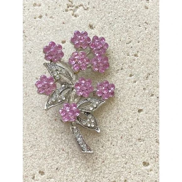 Vintage Pink‎ Rhinestone Flower Spray Brooch Silver Tone Floral Spring Romantic