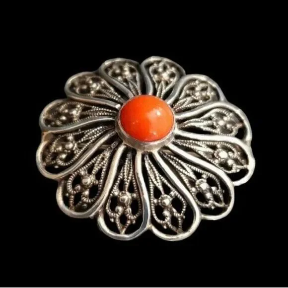 Coral Silver Brooch 835 Silver European Vintage‎ Marked Signed, 1.25