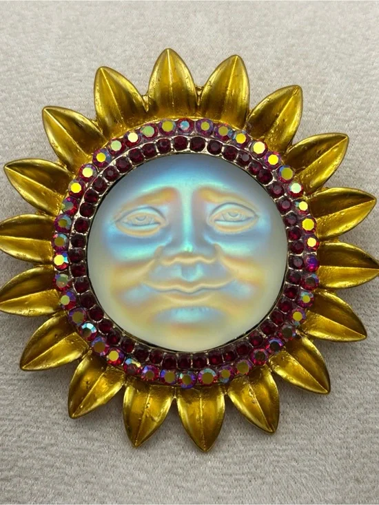Iridescent Moon Face Sunburst Fashion Brooch with Ruby Colored Aurora Rhinestone