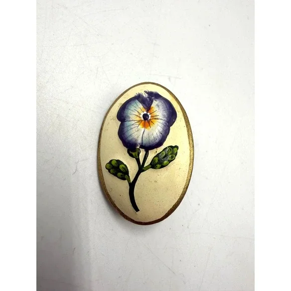 Vintage Hand Painted Pansy Flower Enamel Oval Brooch Gold Tone Purple Yellow