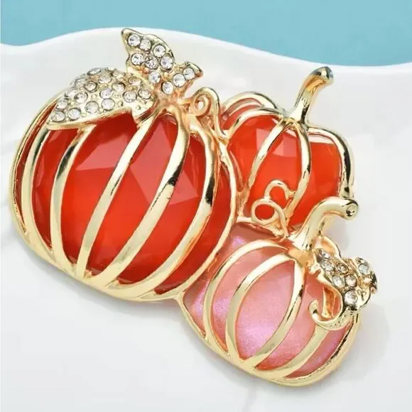 Fall Halloween Rhinestone Crystal Pumpkin Womens Casual Gold Enamel Brooch Pin