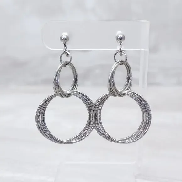 Vintage Clip On Earrings Long Dangle Textured Silver Tone Interlocking Circles