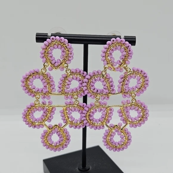 gold tone and lavender seed bead chandelier statement earrings