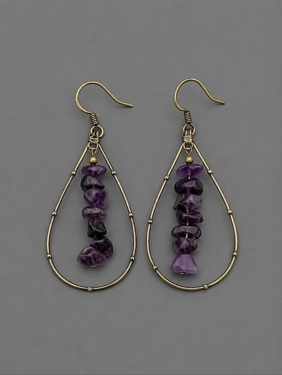 HANDMADE Purple Amethyst Beaded Teardrop Dangle Earrings