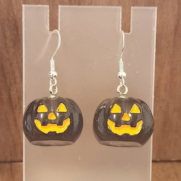 Black Jack-O-Lantern Pumpkin Halloween Drop Earrings Orange Face Festive Goth