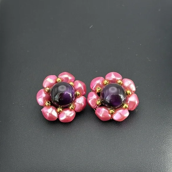 Vintage pink and purple floral cluster statement clip on earrings