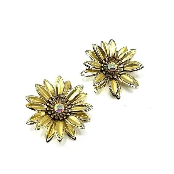 Vintage 1960s Gold Flower Clip Earrings Aurora Borealis Rhinestone