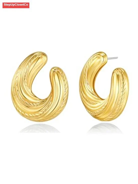 18K Gold Plated Dangle Textured Ribbed Irregular Large Leaf Statement Earrings